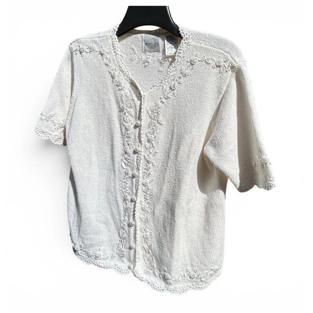 Bentley Vintage White Embroidered Cardigan Ramie Cotton Pearl Bead Small